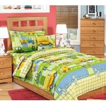 Наволочка 70х70 бязь (1шт) на клапане Машинки зеленый